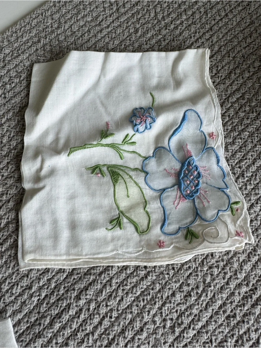 Vintage Set of 12 Floral Embroidered White Ivory Floral Linen Cotton Napkins